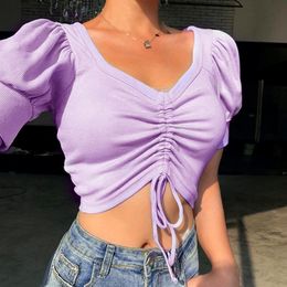 Women's T Shirts #H40 Sexy V Neck Tshirts Cropped Tops Women Drawstring Tie Up Front Shirt Candy Colours Streetwear Slim Fit Ribbed Crop Top
