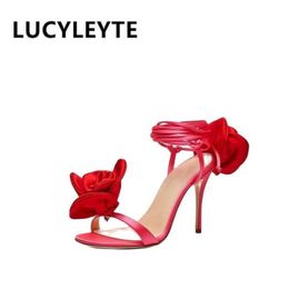 Sandals 2023 Fashion Slim High Heel Front and Back Satin Rose Lace Women's Sandals European and American Show Banquet Shoes Heels Women Z0325