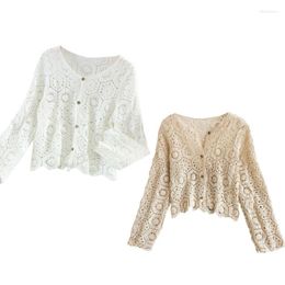 Women's Blouses Ladies Lace T-shirt Top Women's Hollow Crochet Blouse Tops Long Sleeves Cardigan P8DB