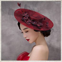 Headpieces High Quality-Vintage Burgundy Linen Hand-made Sweet Flowers Bridal Hat/Po Props/Formal Party Top Hat 63