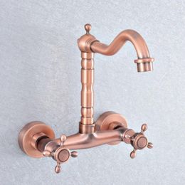 Kitchen Faucets Antique Red Copper Faucet Dual Handle Cold Water Mixer Tap Sink Swivel Spout Lsf861
