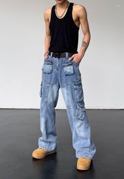 Men's Jeans Men Women High Street Retro Washed Denim Overalls Multiple Pockets Wide Legs Hip-hop Mop Brand Trend Straight Pants