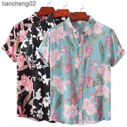 Men's Casual Shirts Men's Plus Size Loose Summer Flower Short Sleeve Shirt Flower Floral Pattern Hawaiian Beach Male Shirts Casual Blouse For Men W0328