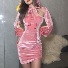 Casual Dresses Women's Dress Spring And Autumn Pink Retro Velvet Elegant Fashion Solid Colour Slim Long Sleeve One Word Collar Women