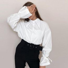 Women's Blouses Spring 2023 Women White Loose Blouse Fashion Turn-down Collar Lace-up Bell Long Sleeve Shirt Office Lady Elegant Button Up