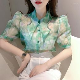 Women's Blouses Summer Women's Diamond Point Collar Render Print Organza Shirt Sleeve Single-Breasted Slim Chiffon Tops