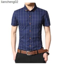 Men's Casual Shirts Men Shirt Men's Shorts Sleeve Slim Fit Checkered Dress Shirt 2022 Summer Camisa Social Masculina Chemise Homme W0328