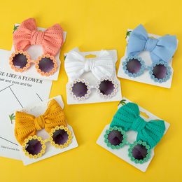 2Pcs/Card Daisy Baby Sunglasses Eyelet Bow Headband Set Elastic Nylon Hair Bands Seaside Sun Glasses Kids Headwear