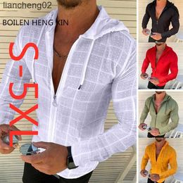 Men's Casual Shirts Men's Casual Plaid Zipper Hooded Shirt Fashion Long-sleeved Shirt Autumn slim Lapel Party Shirt Male Shirt Streetwear Men Clothe W0328