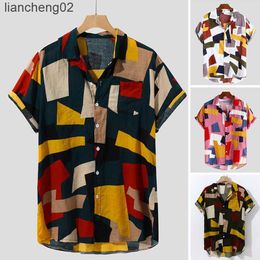 Men's Casual Shirts New Flax Cotton Men Shirt Ethnic Print Vintage Short Sleeve Streetwear Tops Tess Loose Male Beachwear Holiday Hawaiian Shirts W0328