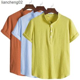 Men's Casual Shirts Men's Cotton Linen Summer Short Sleeve Shirt Solid Colour Breathable Hawaiian Beach Male Shirts Casual Blouse For Men W0328
