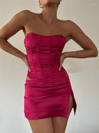 Casual Dresses Women's Sexy Dress Tops Skirt Suit Sleeveless Off Shoulder Strapless Pleated Crop Vest Split Short Summer