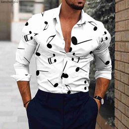 Men's Casual Shirts Men Music Note Print White Shirt Social Dress Streetwear Fashion Casual 3d Digital Print Lightweight Breathable Long Sleeve Tees W0328