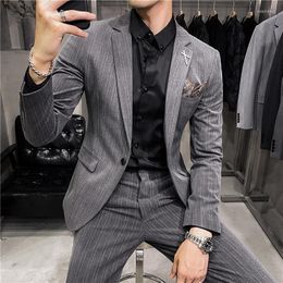 Men's Suits (Jacket Pant) British Style Men Striped Business Suits/Male Slim Fit High Quality Groom's Wedding Dress Man Casual Tuxedo