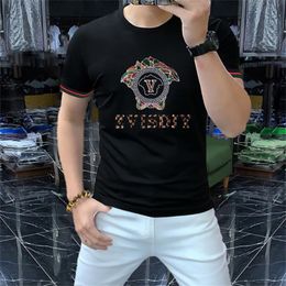 2023 Fashion Men's Short Sleeve T-shirt Embroidered Sequin Letter European Station New Men's Summer Round Neck Shirt Ice Silk Cotton T-shirt