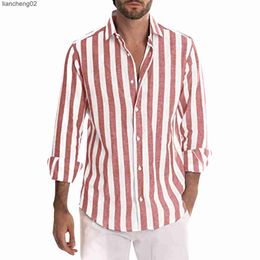 Men's Casual Shirts Summer Men Linen Shirt Long Sleeve Stripe Print Baggy Down-collar Button Shirts Tops Male Clothes W0328