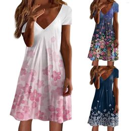 Casual Dresses Ladies Summer Short Sleeve Fashion Dress V Neck Swing Waist Defined For Women Floral Maxi Long Cotton