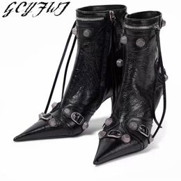 Boots Female Ankle Boots For Women Cool Metal Pointed Toe High Heels Fashion Western Boots Women Rivet Pin Buckle Sexy Ladies Booties 230327