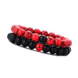 Beaded 8Mm Natural Bracelet Set Couple Jewelry Red Black Lava Stone Stretch Bracelets Women Mens Yoga Drop Delivery 20 Dhrgr
