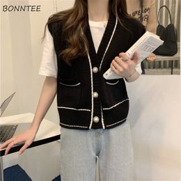 Women's Vests Sweater Vests Women Minimalist Retro Panelled Temperament Autumn Casual V-neck All-match Pockets Tender Fashion Ulzzang Ladies 230328