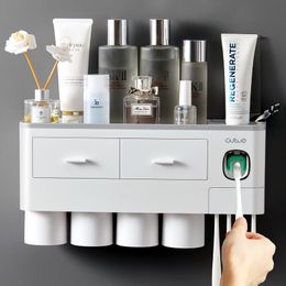 Liquid Soap Dispenser Tempat Sikat Gigi Terbalik Penyerap Magnet Pasta Otomatis dengan Set Aksesori Kamar Mandi Cangkir 230328