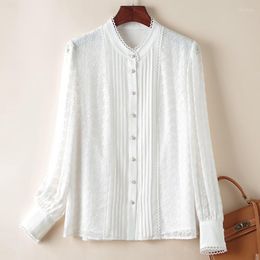 Women's Blouses Elegant Shirts Fashion Woman Blouse 2023 Spring Summer Vintage White Emebroidery Real Silk Women's Solid Shirt Tops