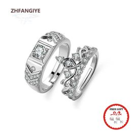 925 Silver Ring with Crown Shaped Zirconia Gemstones, Men's and Women's Open Ring Combination 2-in-1 Couple Wedding Engagement Z0327