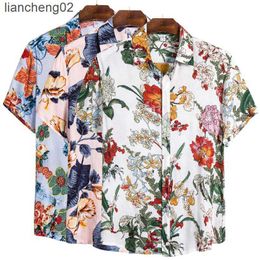 Men's Casual Shirts Men's Cotton Polyester Summer Short Sleeve Shirt Tropical Floral Pattern Hawaiian Beach Male Shirts Casual Blouse For Men W0328