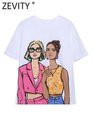 Women's TShirt Zevity Summer Women Fashion Double Girls Print Knitting Casual T Shirt Female Basic O Neck Short Sleeve Chic White Tops T1257 230328