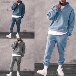 Men's Tracksuits Men's suit stand-up collar padded sweat shirt and pants suit 2-piece set autumn and winter warm solid Colour men sportswear suit W0328