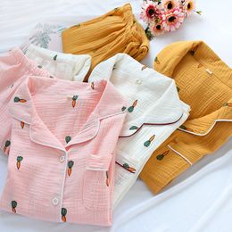 Women's Sleepwear Women Cotton Pyjama Sets Carrot Print Pattern Long Sleeve Shirttrousers Soft Sleepwear Set Nightie Home Clothes Autumn 230328