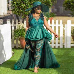 Aso Ebi Style Lace Jumpsuits Prom Dresses With Detachable Skirt 2023 Flower Appliqued Beaded Hunter Green Formal Evening Gowns Women Pageant Wear