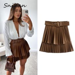 Skirts Bown Pu Leather Skirt With Belt Fashion Autumn Sprint Cascading Pleated High Waist Jupe Cuir Femme Women Falda Plisada 230328