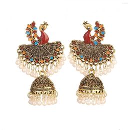 Dangle Earrings LosoDo European And American Personality Exaggerated Peacock Fan-shaped Tassel Pearl Bohemian Retro Wind Bells