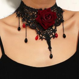 Choker Courtly Lolita Gothic Lace Rose Necklace For Women Black Handmade Tassel Clavicle Chain Charm Girl Trend Collar Gift