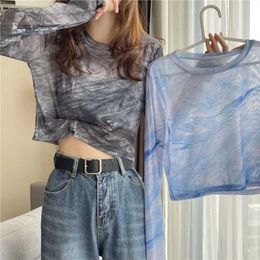 Women's Blouses Shirts Loose Korean Style Tie-dye Fashion Print Mesh Women T-Shirt Long Sleeve Crew Neck Summer Sunscreen Bottoming Shirt Thin Top Tops Y2303
