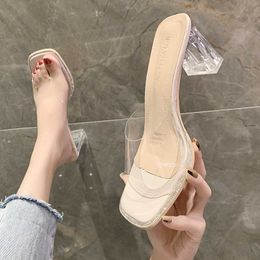 Slippers Clear Heels Slippers Women Sandals Summer Shoes Woman Transparent High Pumps Wedding Jelly Buty Damskie Sexy Square Heels Z0328