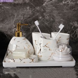 Liquid Soap Dispenser Perlengkapan Kamar Mandi Tekstur Marmer Putih Pasta Gigi Tempat Sikat Kotak Kapas Aksesori Dekorasi 230328