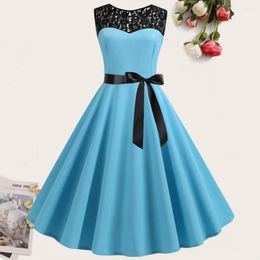 Casual Dresses O-Neck Sleeveless See-through Lace Stitching Ribbon Bowknot Gown Dress A-Line Skater Large Hem Midi Princess