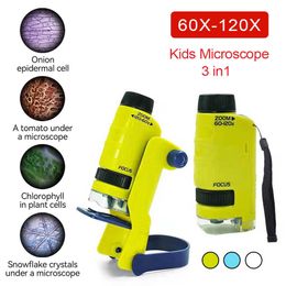 Science Discovery 3 In 1 Microscope Kit 60-120X Kids Educational Portable Pocket Microscope with LED Light for Laboratory Home School Science