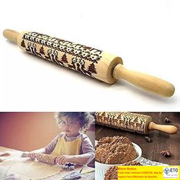 Christmas Embossing Rolling Pin Baking Cookies Biscuit Fondant Cake Dough Engraved Wooden Roller Reindeer Elk Snowflake