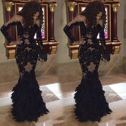 Black Prom Party Gown Formal Evening Dresses Mermaid Scoop Long Sleeve Floor-Length Applique Sequins Lace Tulle long Sexy Illusion