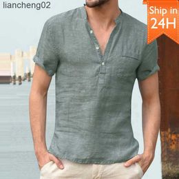 Men's Casual Shirts High Quality 2022 New Men'S Linen V Neck Bandage T Shirts Male Solid Color Long Sleeves Casual Cotton Linen Tshirt Tops S-3xl W0328