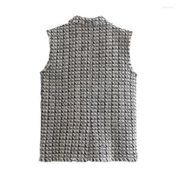 Women's Vests Plaid Women's Textured Vest 2023 Spring Sleeveless Pocket Buttons Solid Suit Collar Cardigan Hip Hop Grey Suits