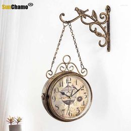 Wall Clocks Antique Outdoor Garden Metal Station Clock Double Sided Cockerel Vintage Retro Home Decor Decorations For Living Room