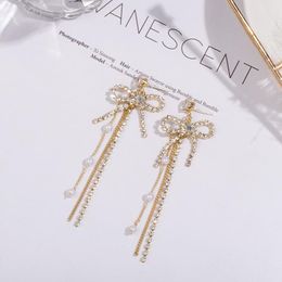 Stud Earrings SJCHO-42 Trendy Crystal Bowknot Women Dangle Fashion Bow Pearl For Drops Bohemian