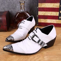 Dress Shoes White Genuine Leather With Fashion Buckle Handmade Men Oxfords Wedding Party Men's High Heels Pointed Toe Shoe