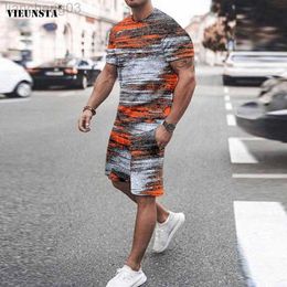 Men's Tracksuits Spring Summer Striped Print Two Piece Sets For Men Casual O Neck Tee Shirt and Pocket Shorts Tracksuit Man Loose Sportswear Suit W0328