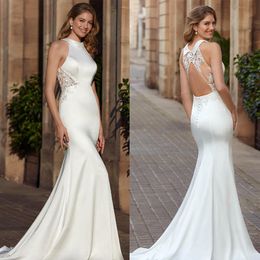 Elegant Mermaid Wedding Dresses Jewel Satin Cutaway Sides Lace Applicants Sleeveless Zipper Court Gown Custom Made Plus Size Bridal Gown Vestidos De Novia