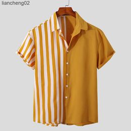 Men's Casual Shirts Summer Men's Short Sleeve Casual Shirt 3D Printing Lapel Striped Button Yellow Oversized Loose Street Fashion Comfortable Shirt W0328